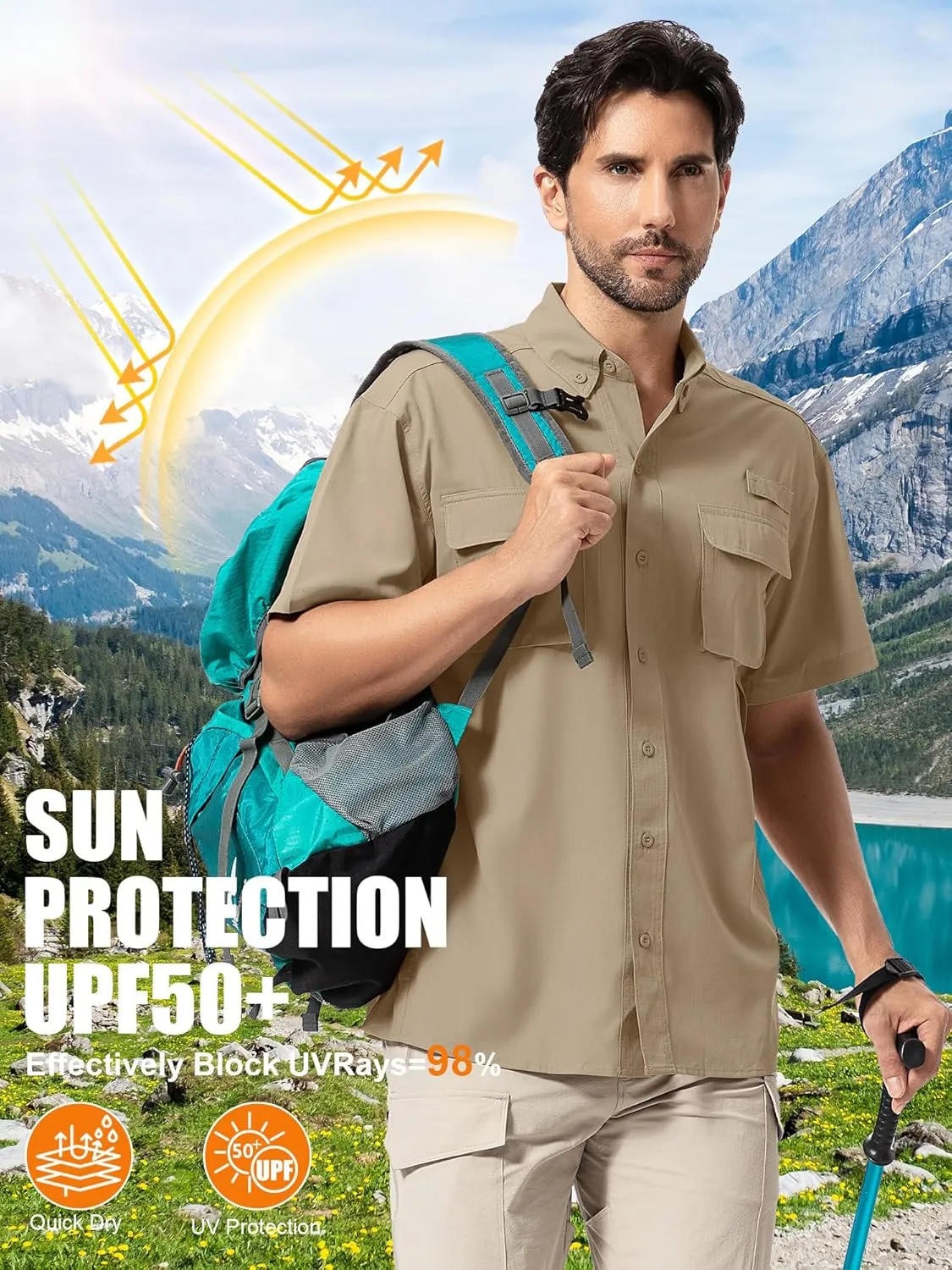 Mens UPF 50  Sun Protection Short Sleeve Quick Dry Fishing Safari Hiking Shirt with Zipper Pocket Lightweight Cooling