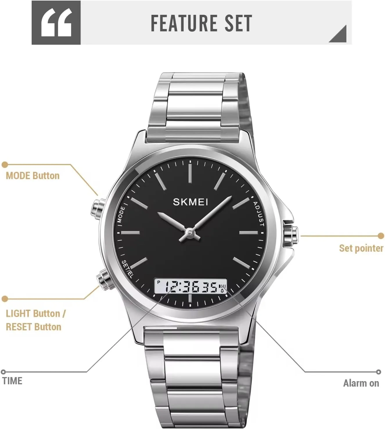 Men’s Watch Multifunction Watches Display Analog Digital Chrono Timekeeping Sport Backlight Watches Waterproof Alarm Stainless Steel 3-Time Wristwatches