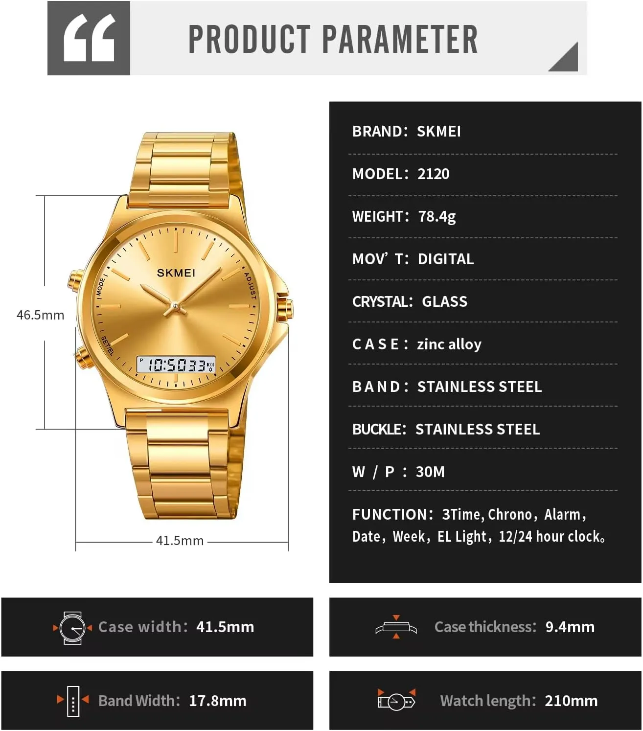 Men’s Watch Multifunction Watches Display Analog Digital Chrono Timekeeping Sport Backlight Watches Waterproof Alarm Stainless Steel 3-Time Wristwatches