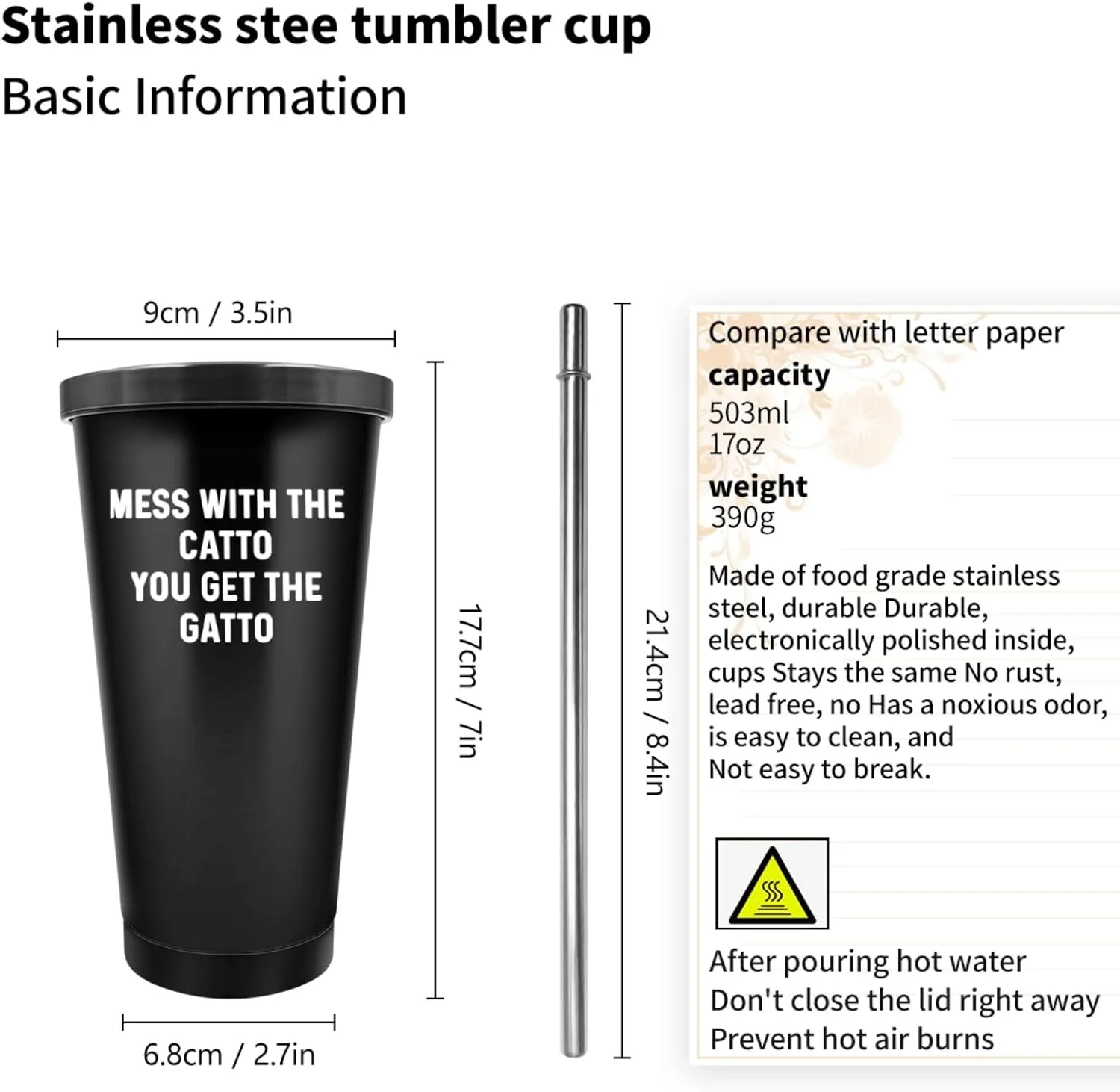 Mess With The Catto You Get The Gatto Tumbler 20 oz Tumbler with Lid and Straw Insulated Tumbler Stainless Steel Tumblers