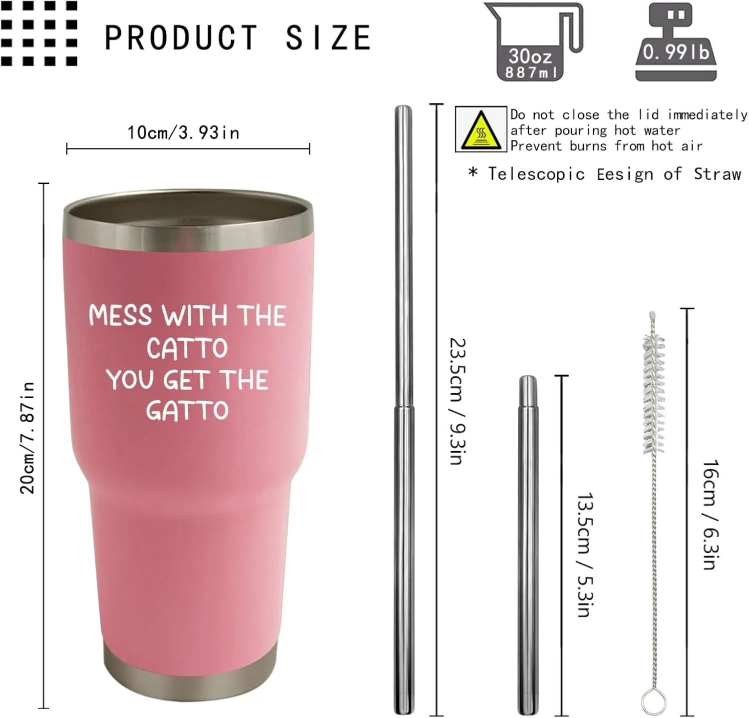 Mess With The Catto You Get The Gatto Tumbler 30 oz Tumbler Pink Tumbler with Lid and Straw Insulated Tumbler Stainless Steel Tumblers