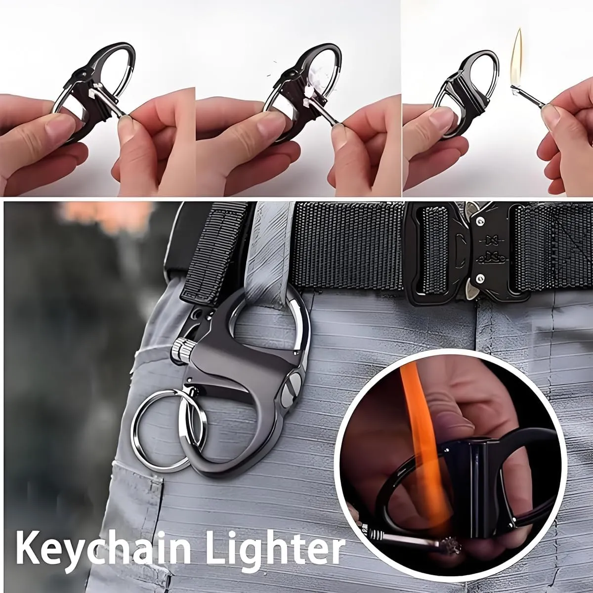 Metal Keychain Lighter, Lighter Match Hidden in Key Chain，Reusable Permanent Match Keychains，2025 New Portable Mini Waterproof Fire Starter Key Ring for Outdoor, Hunting, Traveling (Black, 1PCS)