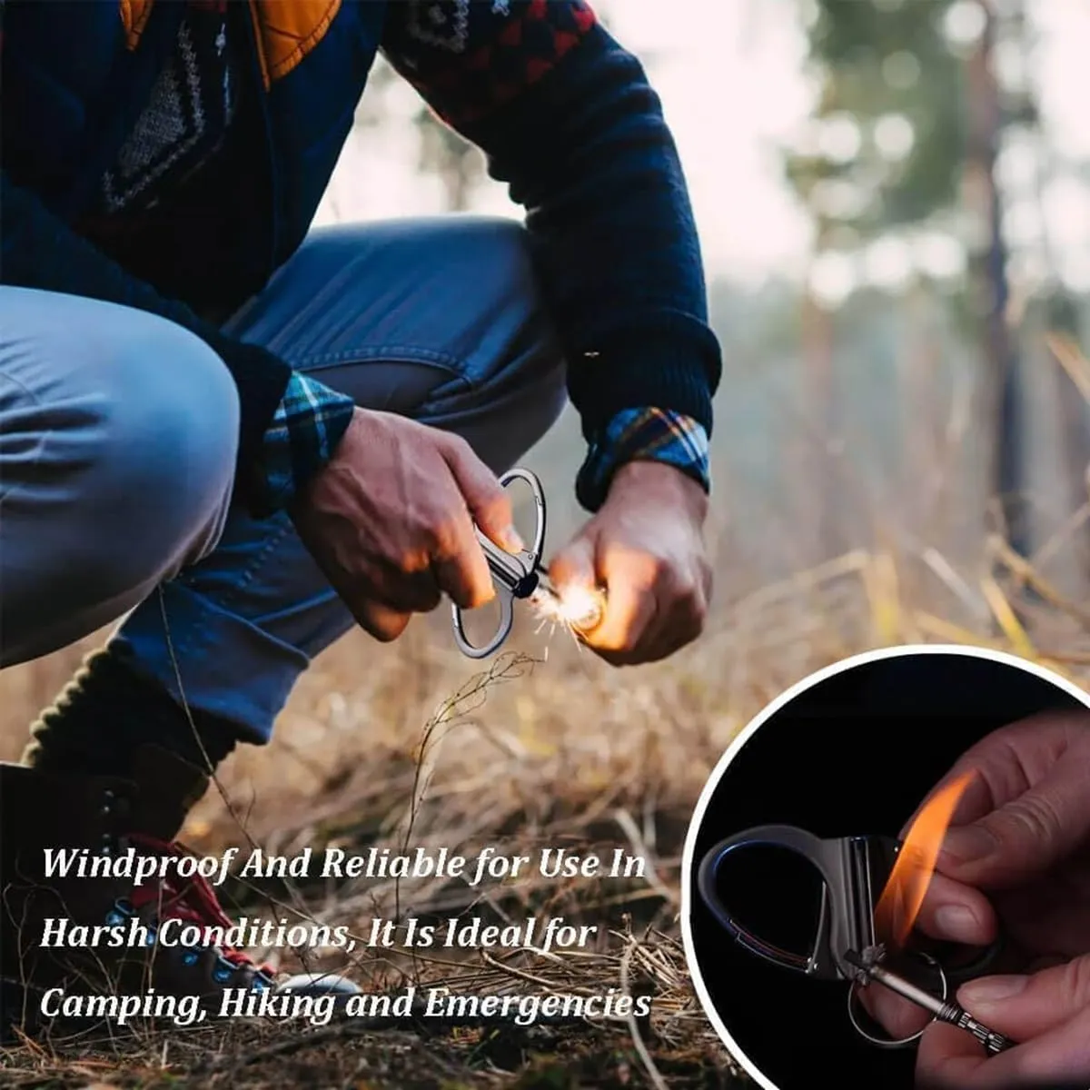 Metal Keychain Lighter, Lighter Match Hidden in Key Chain，Reusable Permanent Match Keychains，2025 New Portable Mini Waterproof Fire Starter Key Ring for Outdoor, Hunting, Traveling (Black, 1PCS)