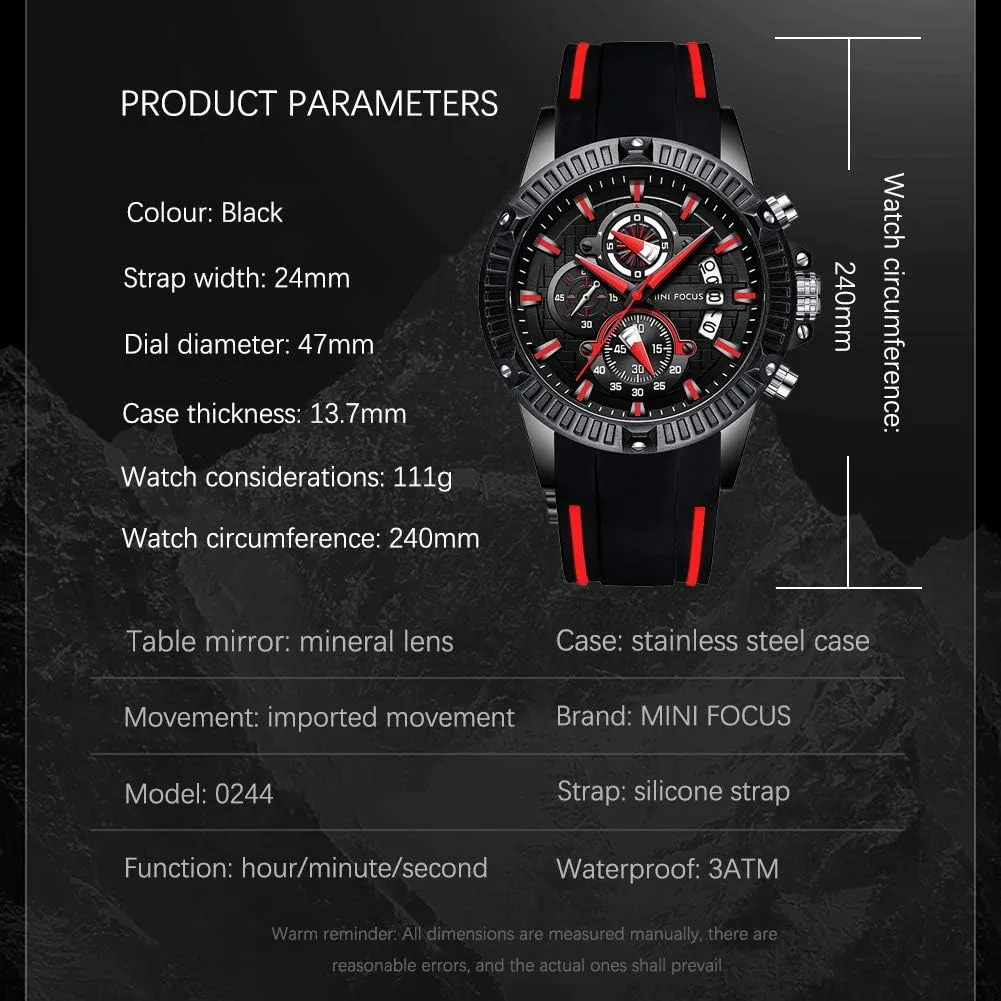 MF MINI FOCUS Men Watch, Chronograph Waterproof Sport Analog Quartz Watches Blue Silicon Strap Fashion Wristwatch for Men