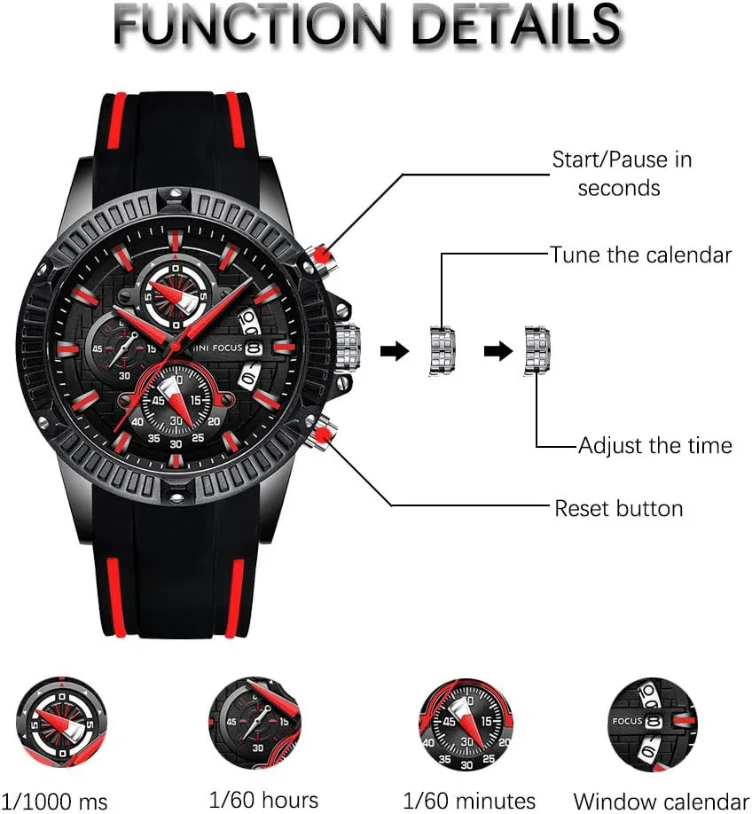 MF MINI FOCUS Men Watch, Chronograph Waterproof Sport Analog Quartz Watches Blue Silicon Strap Fashion Wristwatch for Men