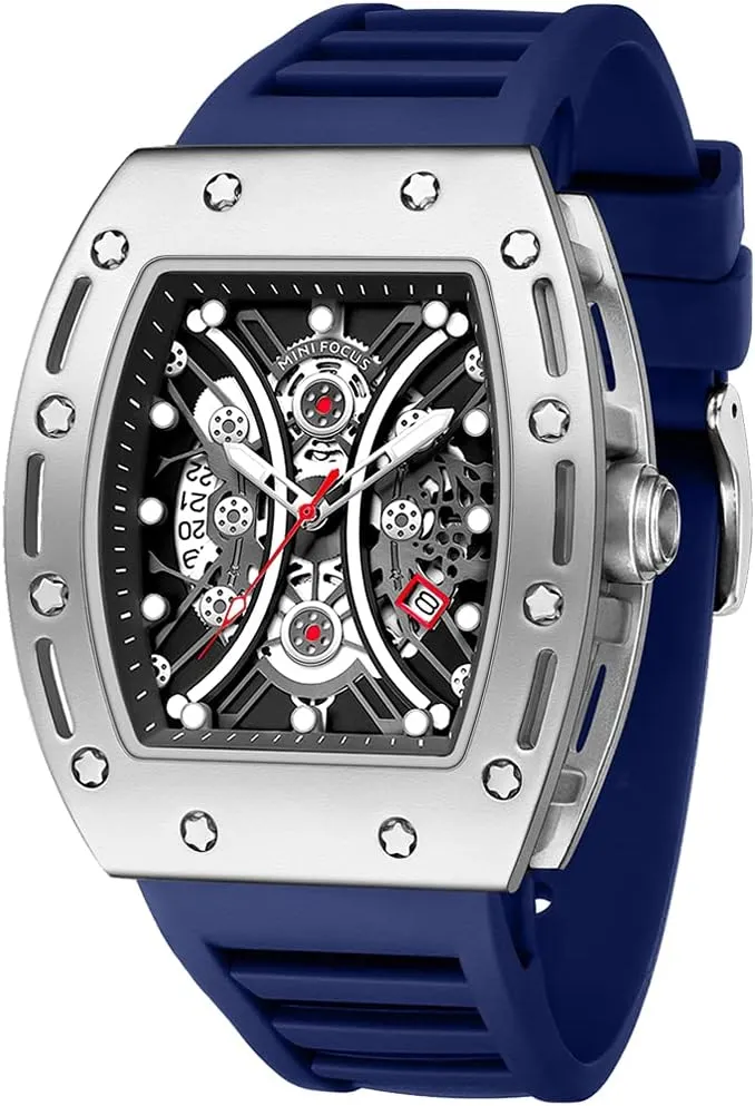 MF MINI FOCUS Watch for Men Wristwatch Fashion Hollow Big Dial Luminous Waterproof Sport Analog Quartz Business Mens Watches Blue Silicon Strap Dress Watch
