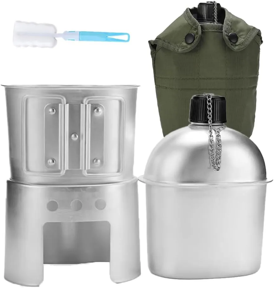 Military Canteen Set of 4, Canteen Cup Stove Pouch Kit, Aluminum Water Bottle with Mess Kit, Portable Survival Gear for Camping Hiking Hunting Backpacking Outdoor Use