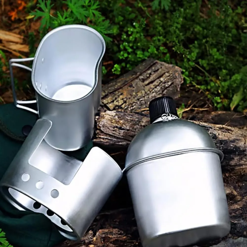 Military Canteen Set of 4, Canteen Cup Stove Pouch Kit, Aluminum Water Bottle with Mess Kit, Portable Survival Gear for Camping Hiking Hunting Backpacking Outdoor Use