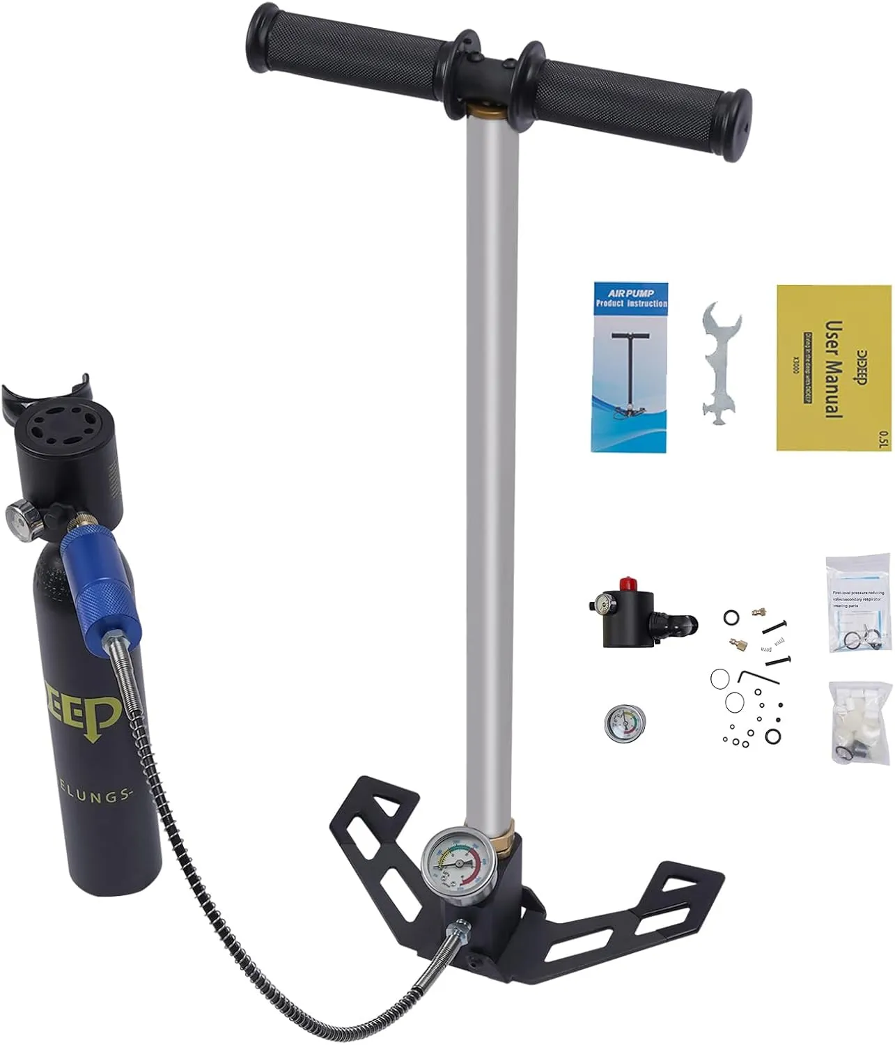 Mini Scuba Tank with Hand Pump, 0.5L Portable Lung Tank Set with 4500psi PCP Pump, 10min Dive Air Kit for Snorkeling, Underwater Exploration, Emergency Backup Diving Air System