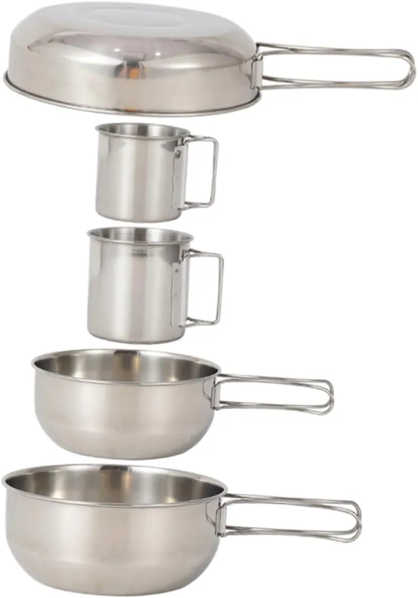 Mipcase 5Pcs Stainless Steel Camping Tableware Set Portable Picnic Pot and Cup Kit Lightweight Mess Kit for Outdoor Cooking Hiking BBQ and Family Gatherings
