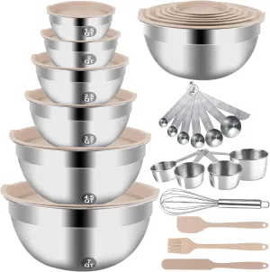 Mixing Bowls Set, 27PCS Khaki Mixing Bowls With Lids Set Stainless Steel Kitchen Large Nesting Metal Bowl 7QT to 1.5QT, Measuring Cups and Spoons for Prepping Cooking Serving