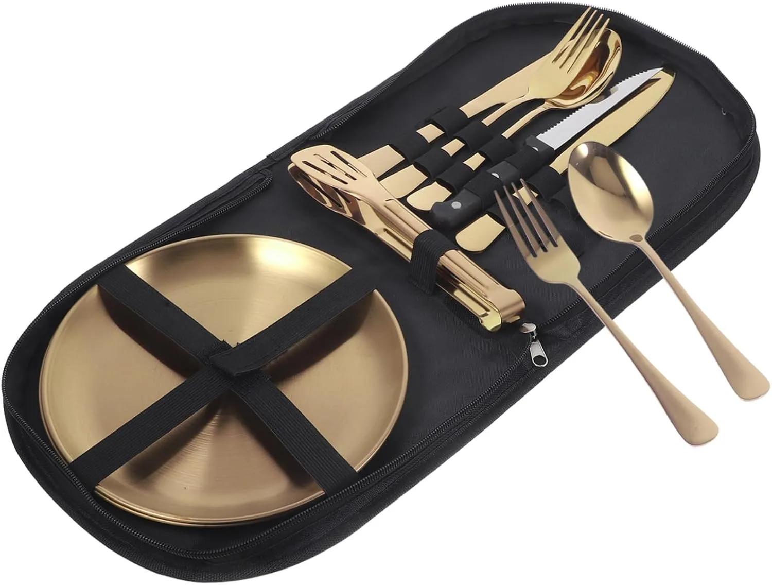Mobestech 1 Set Stainless Steel Camp Tableware with Storage Bag Reusable Metal for Outdoor Dining Ergonomic Design Portable Cutlery for Camping Picnics and Travel