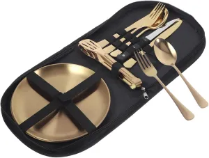 Mobestech 1 Set Stainless Steel Camp Tableware with Storage Bag Reusable Metal for Outdoor Dining Ergonomic Design Portable Cutlery for Camping Picnics and Travel