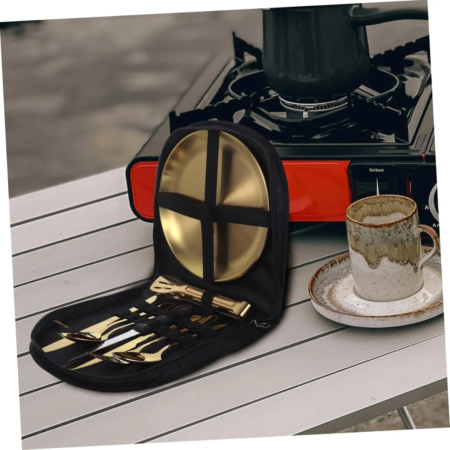 Mobestech 1 Set Stainless Steel Camp Tableware with Storage Bag Reusable Metal for Outdoor Dining Ergonomic Design Portable Cutlery for Camping Picnics and Travel