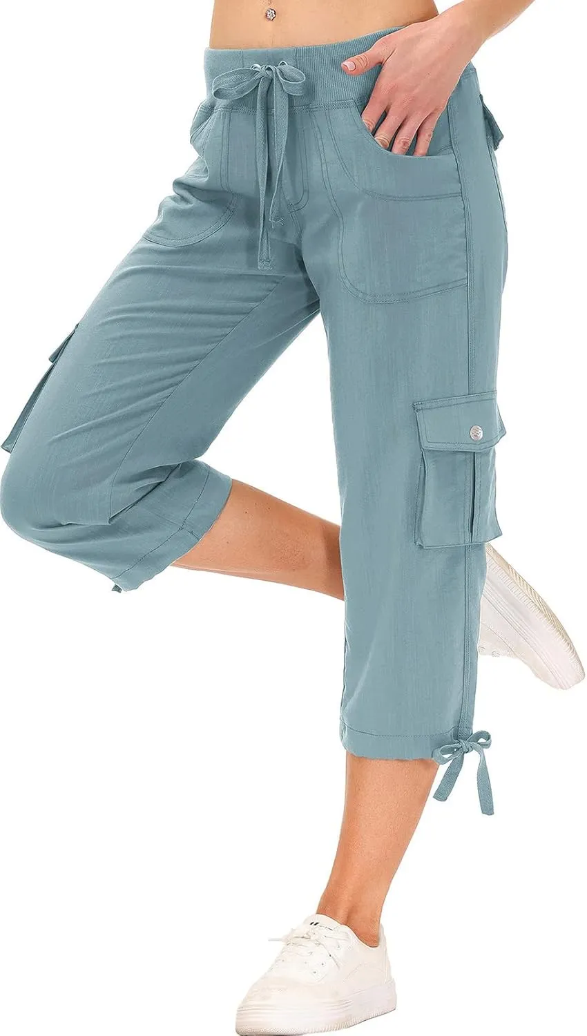 MoFiz Womens Capris with Pockets Loose Fit Casual Capri Pants Dressy Lightweight Ladies Baggy Cargo Pants for Hiking