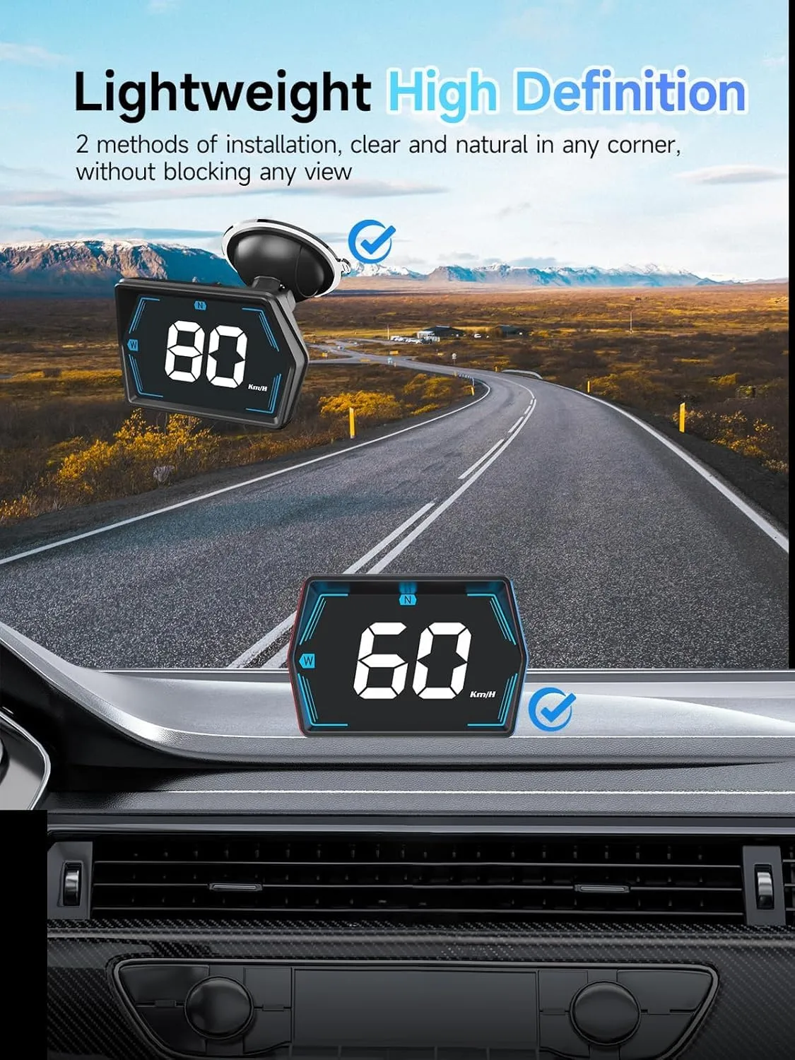 Moman Car HUD Digital Speedometer for Car Head Up Display KM/H MPH Compass Direction USB Cable Plug & Play Over Speed Alert for All Vehicle