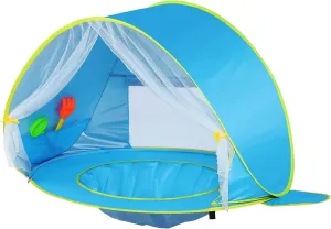 Monobeach Baby Beach Tent, Beach Canopy Sun Shelter UPF50  UV Protection Baby Pool with Canopy, Easy Set Up Pop Up Baby Beach Shade Pool for Toddlers Outdoor Camping Pool Fun (Front Mesh Blue)