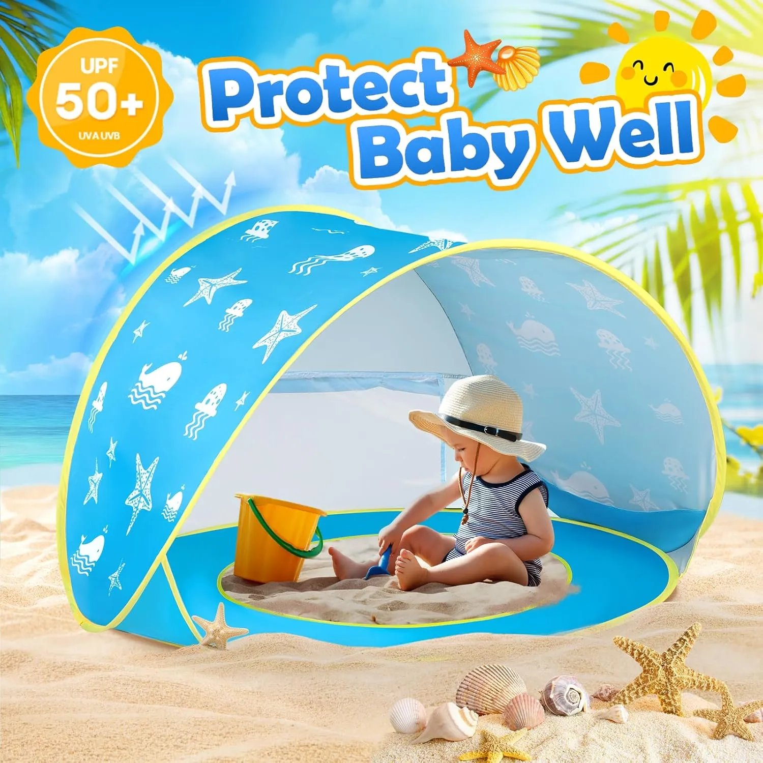Monobeach Baby Beach Tent Ocean Pop Up Portable Shade Pool UPF50  UV Protection Sun Shelter for Infant with Easy Set Up Canopy