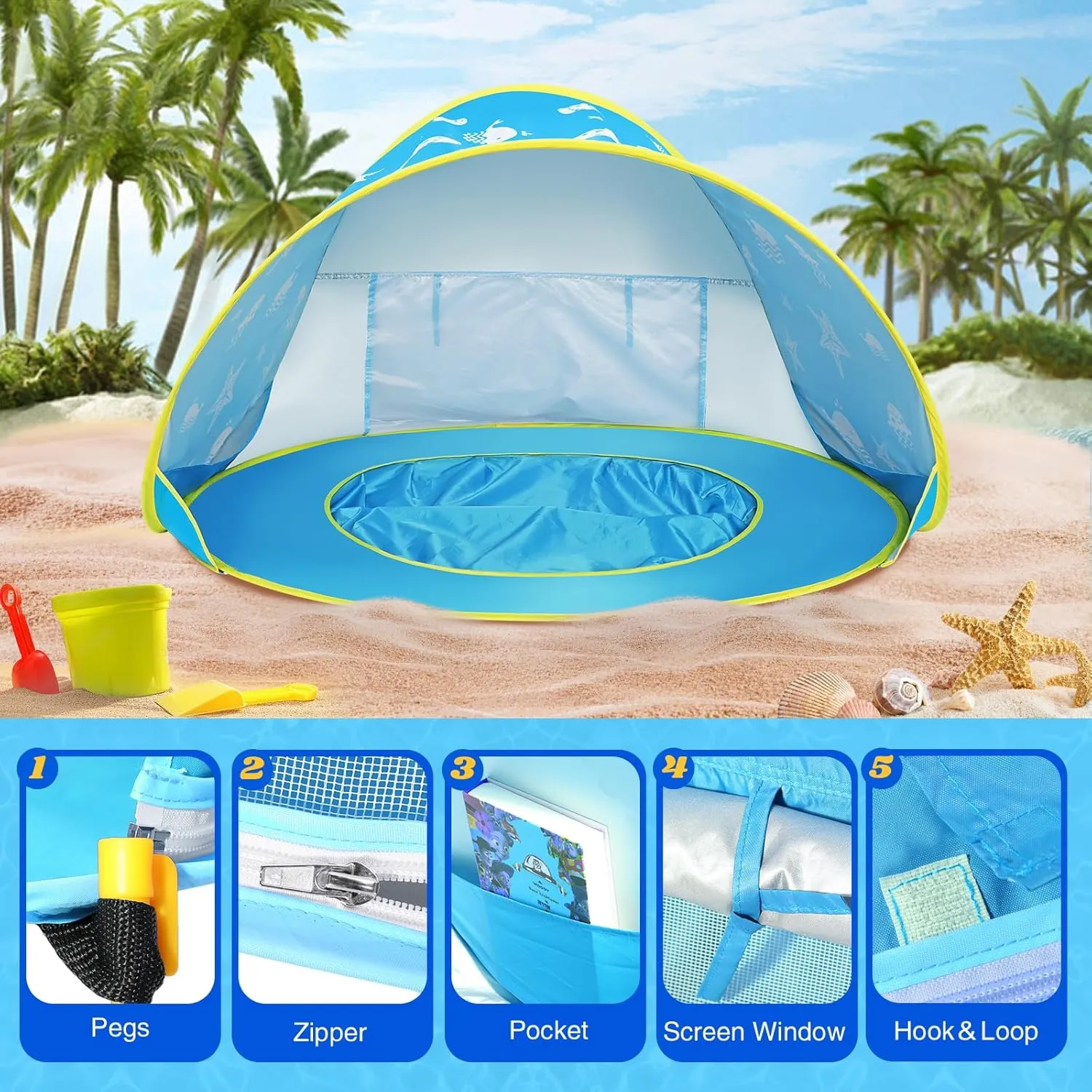 Monobeach Baby Beach Tent Ocean Pop Up Portable Shade Pool UPF50  UV Protection Sun Shelter for Infant with Easy Set Up Canopy