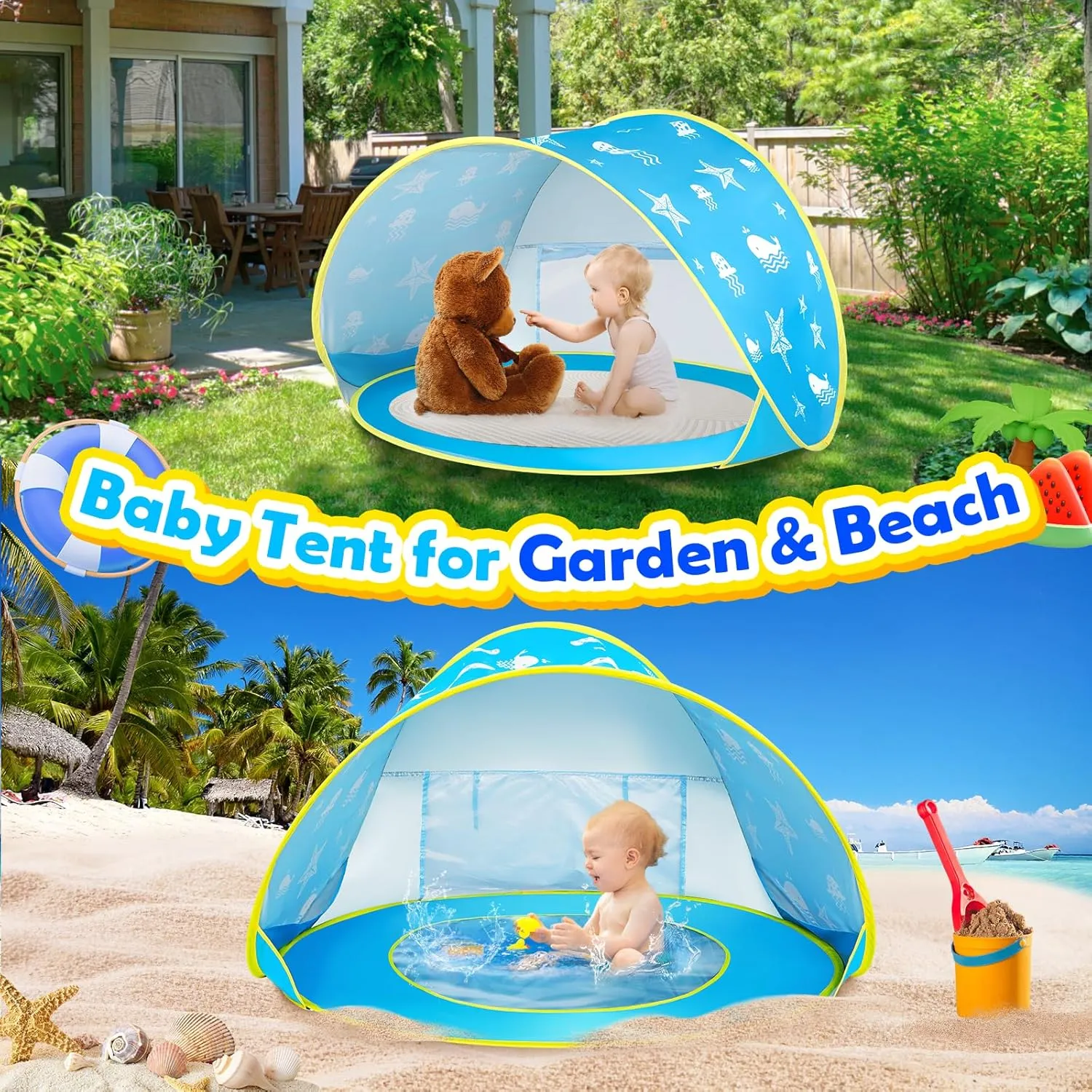 Monobeach Baby Beach Tent Ocean Pop Up Portable Shade Pool UPF50  UV Protection Sun Shelter for Infant with Easy Set Up Canopy