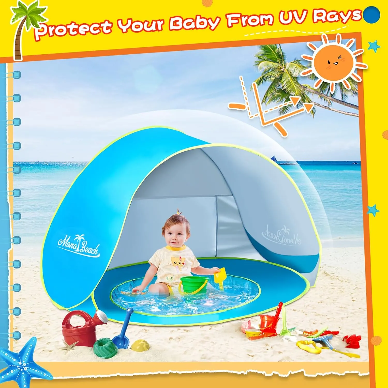 Monobeach Baby Beach Tent with Beach Sand Toys Pop Up Portable Shade Pool UPF50  UV Protection Sun Shelter for Infant with Easy Set Up Canopy (Blue with Toys)