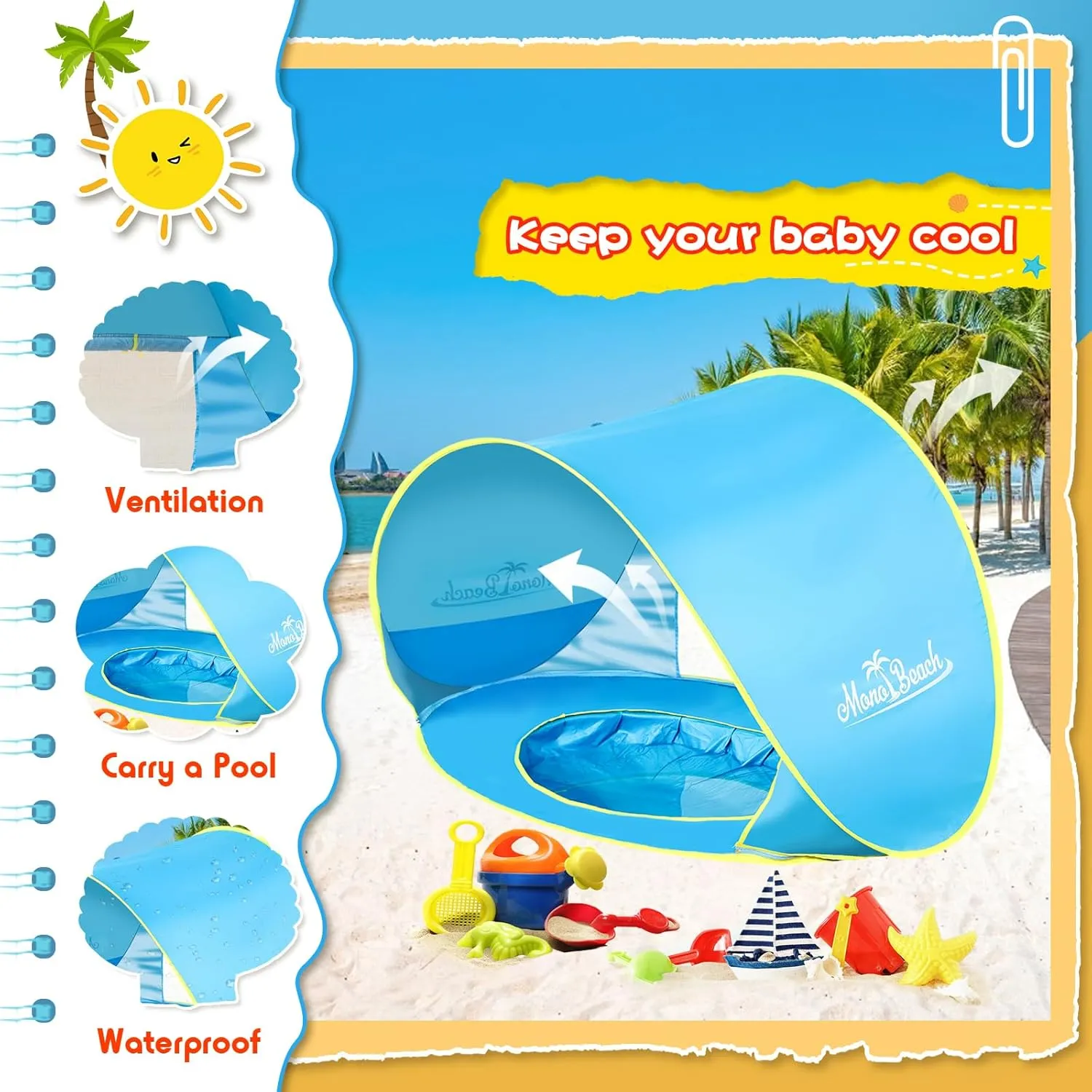 Monobeach Baby Beach Tent with Beach Sand Toys Pop Up Portable Shade Pool UPF50  UV Protection Sun Shelter for Infant with Easy Set Up Canopy (Blue with Toys)