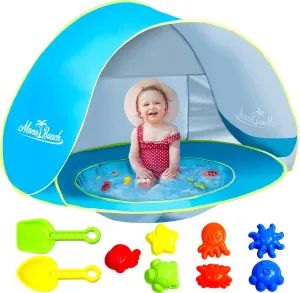 Monobeach Baby Beach Tent with Beach Sand Toys Pop Up Portable Shade Pool UPF50  UV Protection Sun Shelter for Infant with Easy Set Up Canopy (Blue with Toys)