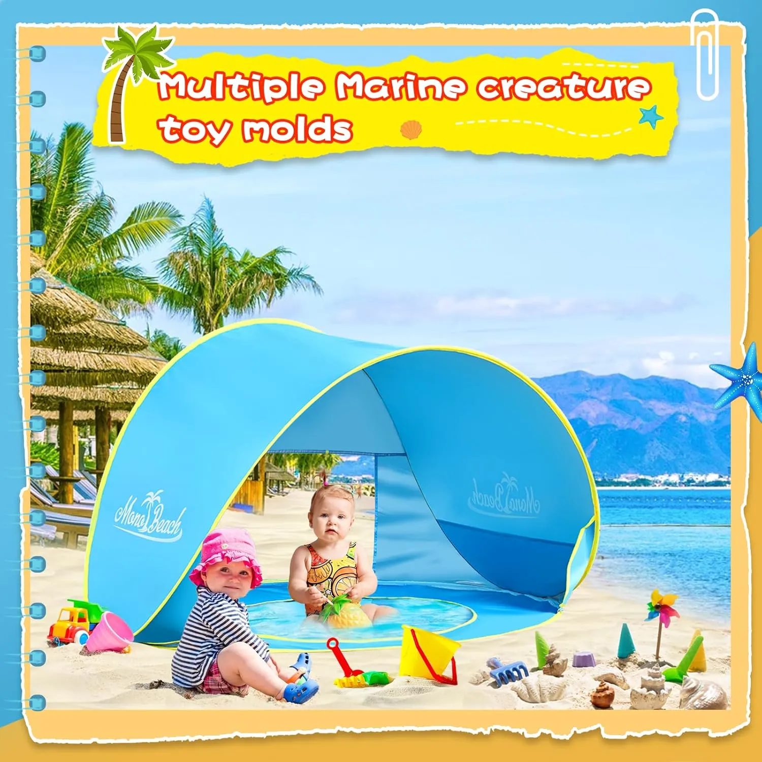 Monobeach Baby Beach Tent with Beach Sand Toys Pop Up Portable Shade Pool UPF50  UV Protection Sun Shelter for Infant with Easy Set Up Canopy (Blue with Toys)