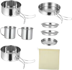 Mountaineering BBQ Pot Set 8-Piece Stainless Steel Camping Cooking Equipment Utensils Cups