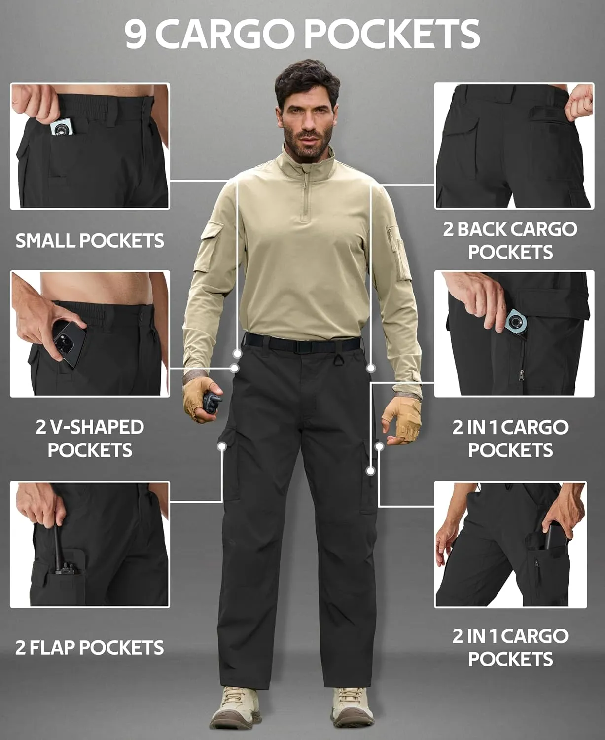 MOURCE Ripstop Tactical Pants for Men Stretch Breathable - Lightweight Quick Dry Mens Hiking Pants with 9 Pockets