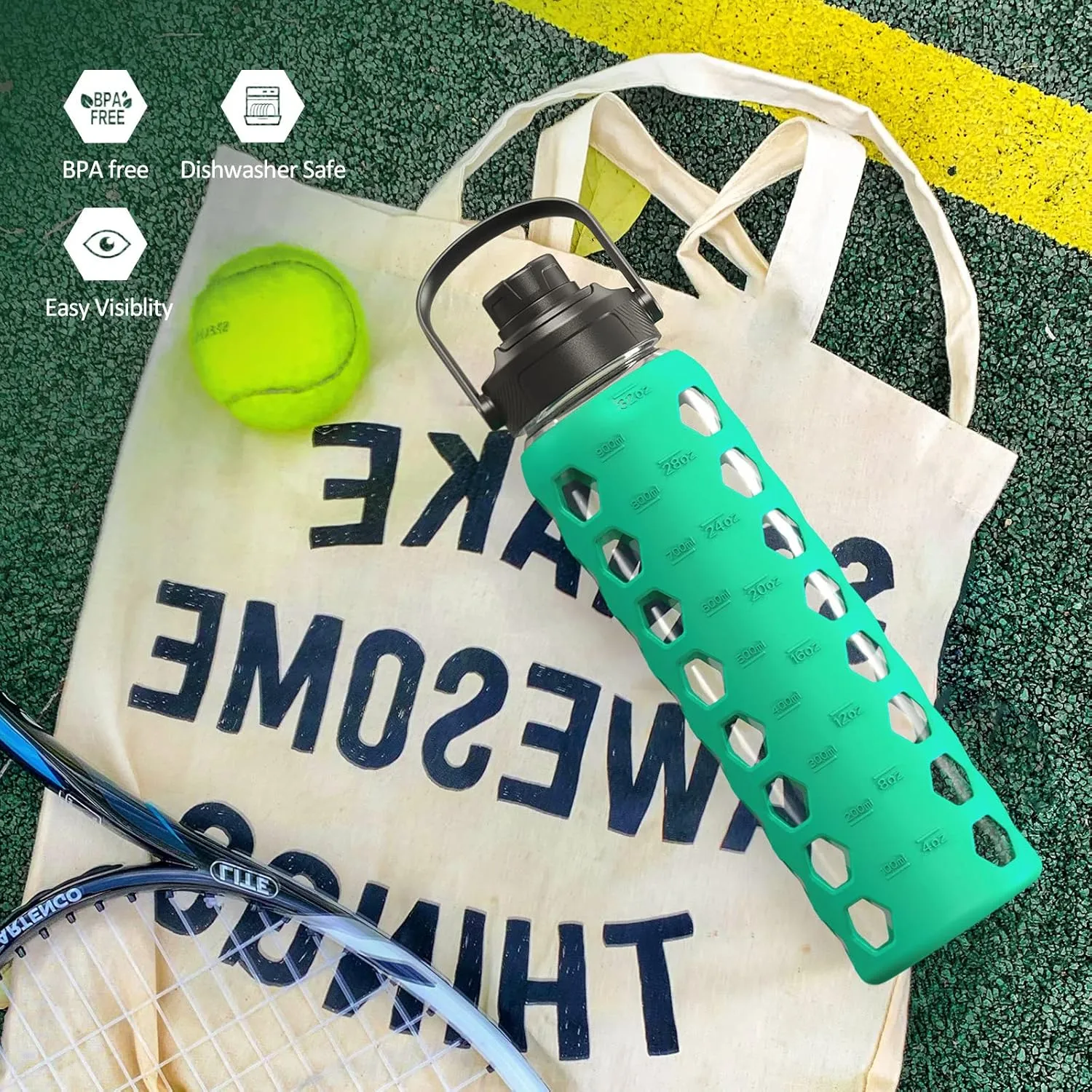 MUKOKO 32oz Glass Water Bottles with 2 Lids-Handle Spout Lid&Bamboo Straw Lid, Motivational Water Tumbler with Time Marker Reminder and Silicone Sleeve, Leakproof-Green-1 Pack