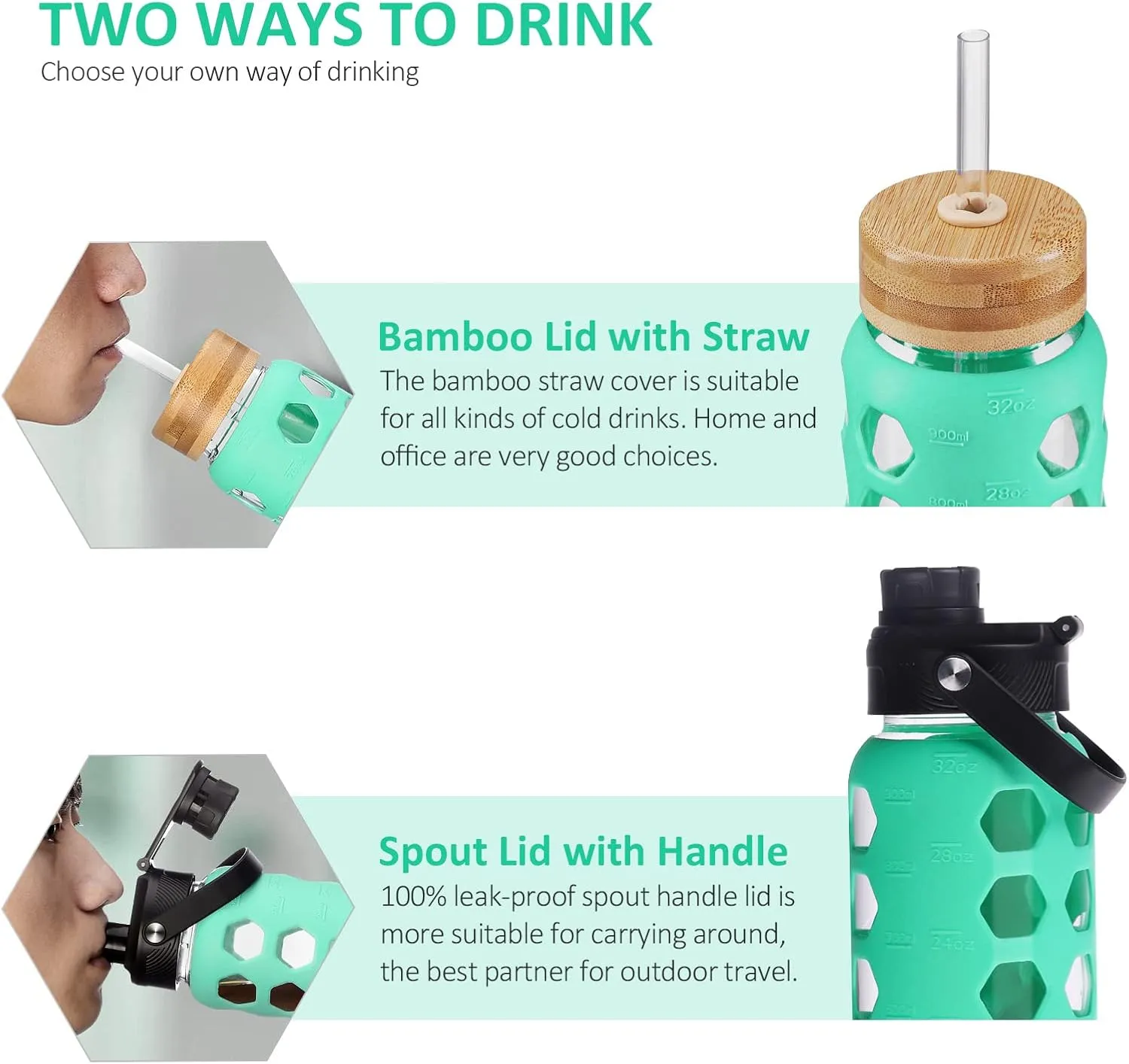 MUKOKO 32oz Glass Water Bottles with 2 Lids-Handle Spout Lid&Bamboo Straw Lid, Motivational Water Tumbler with Time Marker Reminder and Silicone Sleeve, Leakproof-Green-1 Pack
