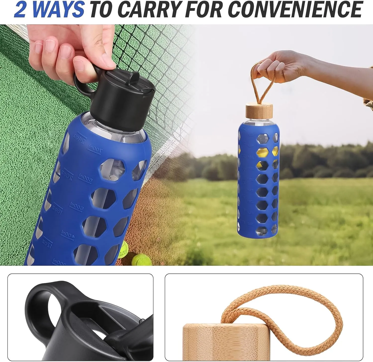 MUKOKO Glass Water Bottles, 32oz Glass Tumbler, Drinking Bottles with 2 Lids-Handle Flip Straw Lid&Bamboo Lid, Motivational Water Bottle with Time Marker and Silicone Sleeve, Leakproof-1 Pack-Blue