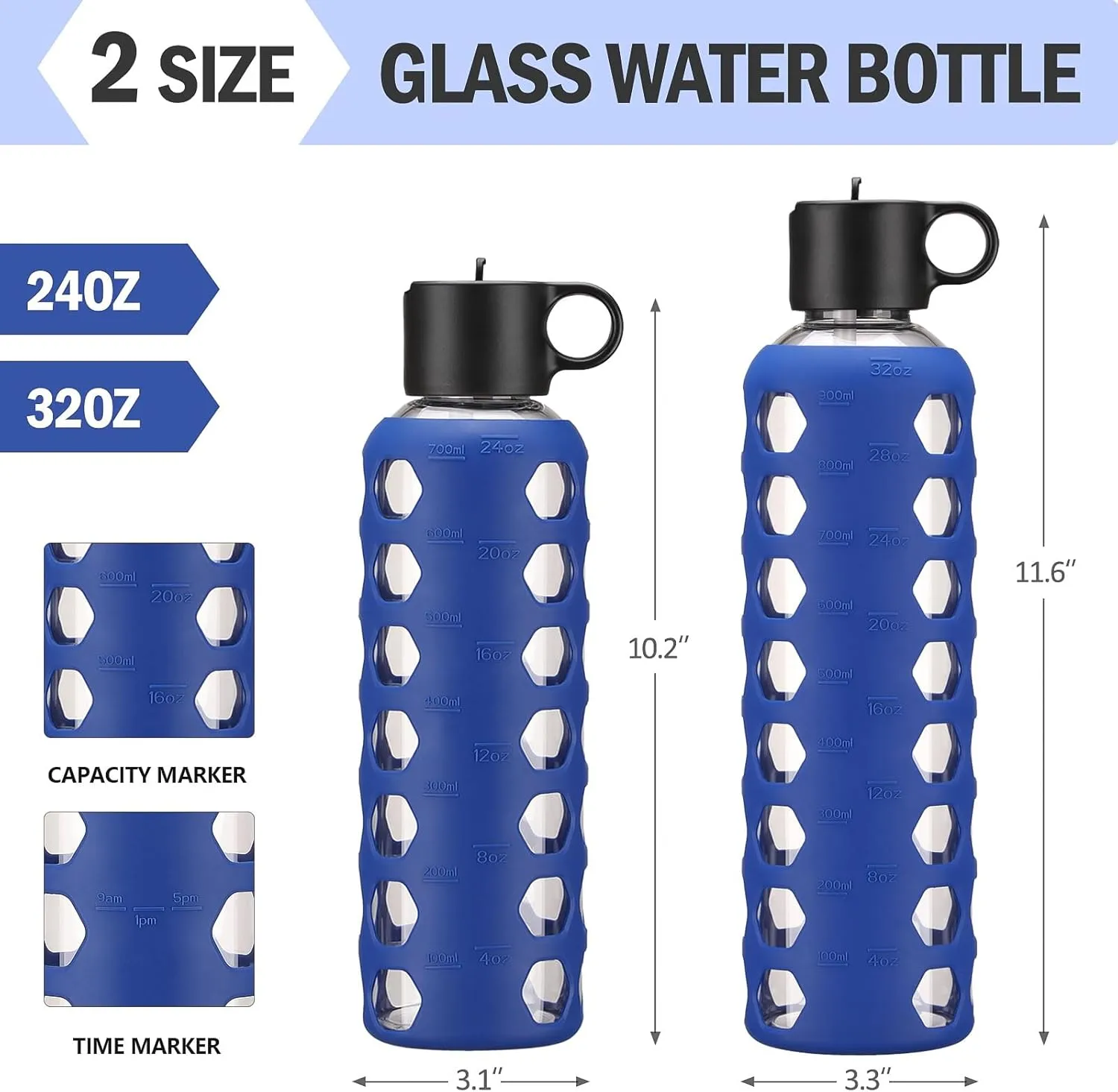 MUKOKO Glass Water Bottles, 32oz Glass Tumbler, Drinking Bottles with 2 Lids-Handle Flip Straw Lid&Bamboo Lid, Motivational Water Bottle with Time Marker and Silicone Sleeve, Leakproof-1 Pack-Blue