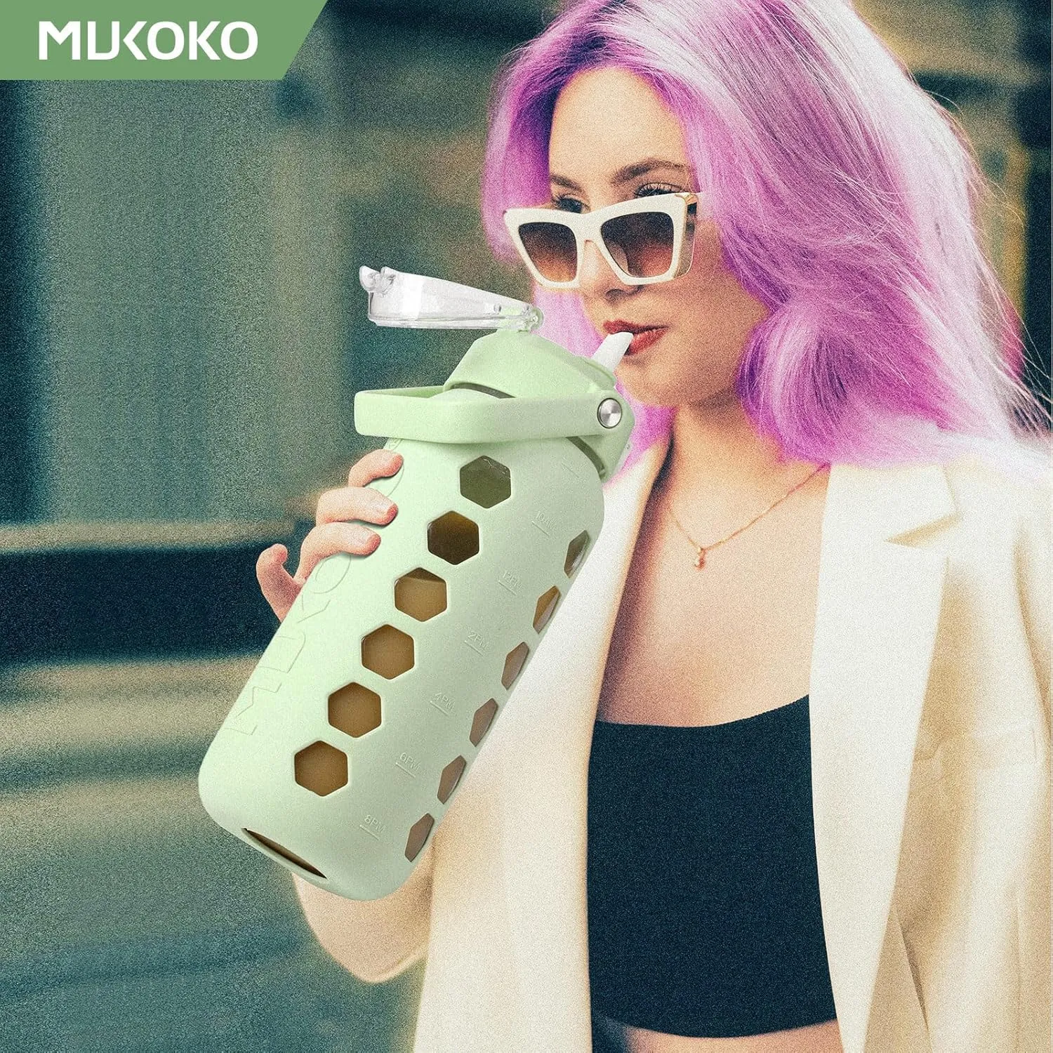 MUKOKO Glass Water Bottles 64oz with 2 Lids, Half Gallon Drinking Bottle with Straws and Measurements, 2L Sports Hydrate Jug with Silicone Sleeve, Leakproof, Green