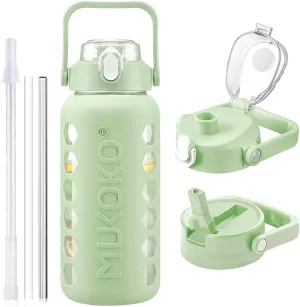 MUKOKO Glass Water Bottles 64oz with 2 Lids, Half Gallon Drinking Bottle with Straws and Measurements, 2L Sports Hydrate Jug with Silicone Sleeve, Leakproof, Green
