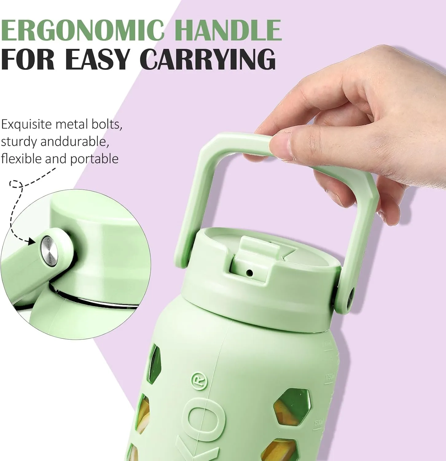 MUKOKO Glass Water Bottles 64oz with 2 Lids, Half Gallon Drinking Bottle with Straws and Measurements, 2L Sports Hydrate Jug with Silicone Sleeve, Leakproof, Green