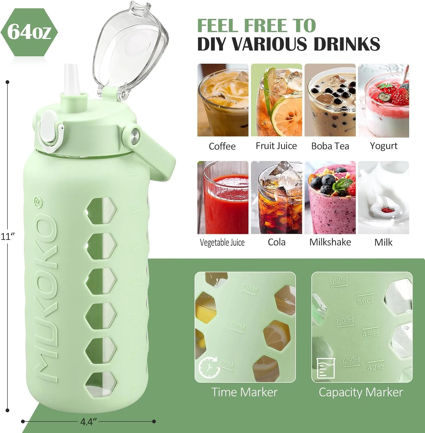 MUKOKO Glass Water Bottles 64oz with 2 Lids, Half Gallon Drinking Bottle with Straws and Measurements, 2L Sports Hydrate Jug with Silicone Sleeve, Leakproof, Green