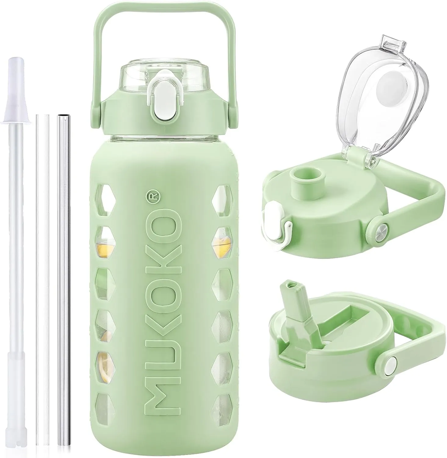 MUKOKO Glass Water Bottles 64oz with 2 Lids, Half Gallon Drinking Bottle with Straws and Measurements, 2L Sports Hydrate Jug with Silicone Sleeve, Leakproof, Green