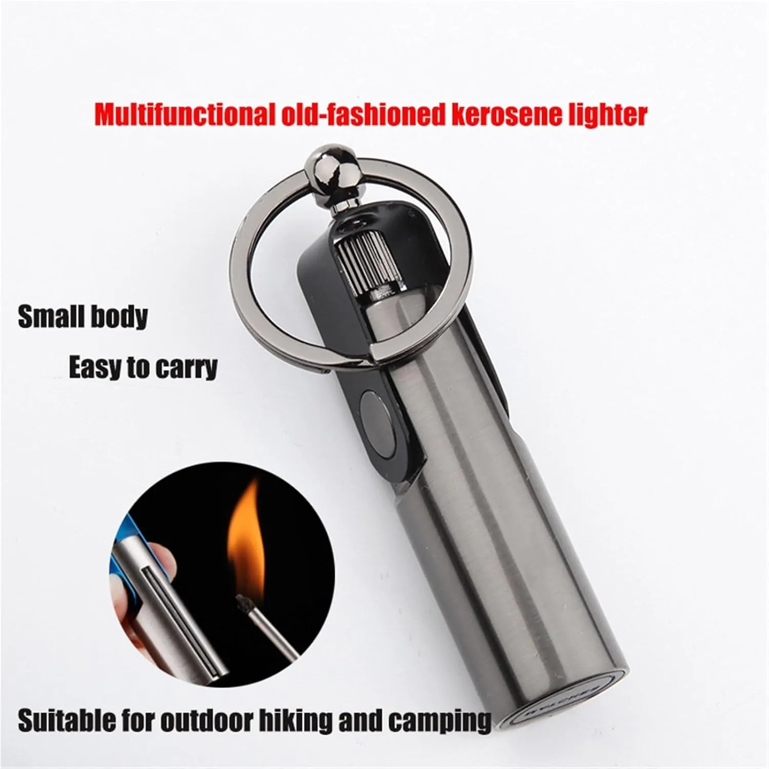 Multifunctional kerosene lighter, outdoor portable waterproof lighter, match lighter with keychain, retro oil lighter, suitable for outdoor, camping, hiking, gift (kerosene not included)(Red)