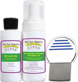 My Hair Helpers Head Lice Solution Kit with Nit Comb, Dimethicone Oil, and Mousse, Easy at Home Use, for 1-2 Kids
