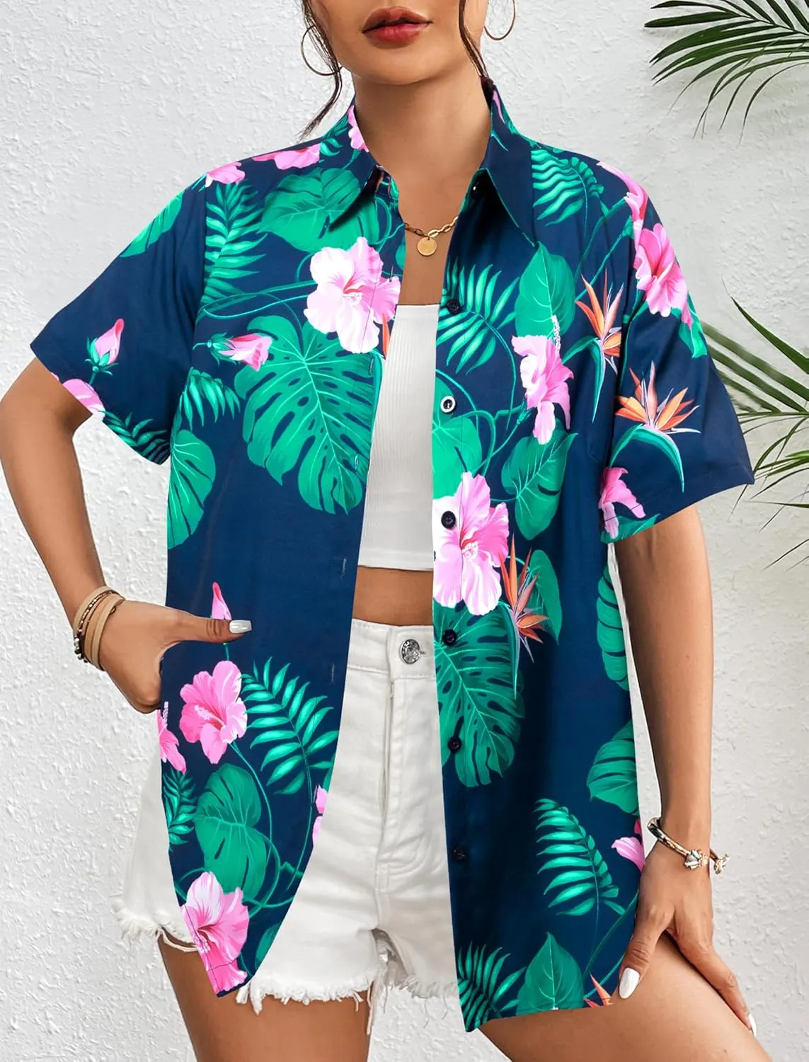 MYHALF Women Hawaiian Shirt Soft Cool Summer Hawaii Shirts Floral Tropic Print V Neck T-Shirt Short Sleeve Button Up Tops