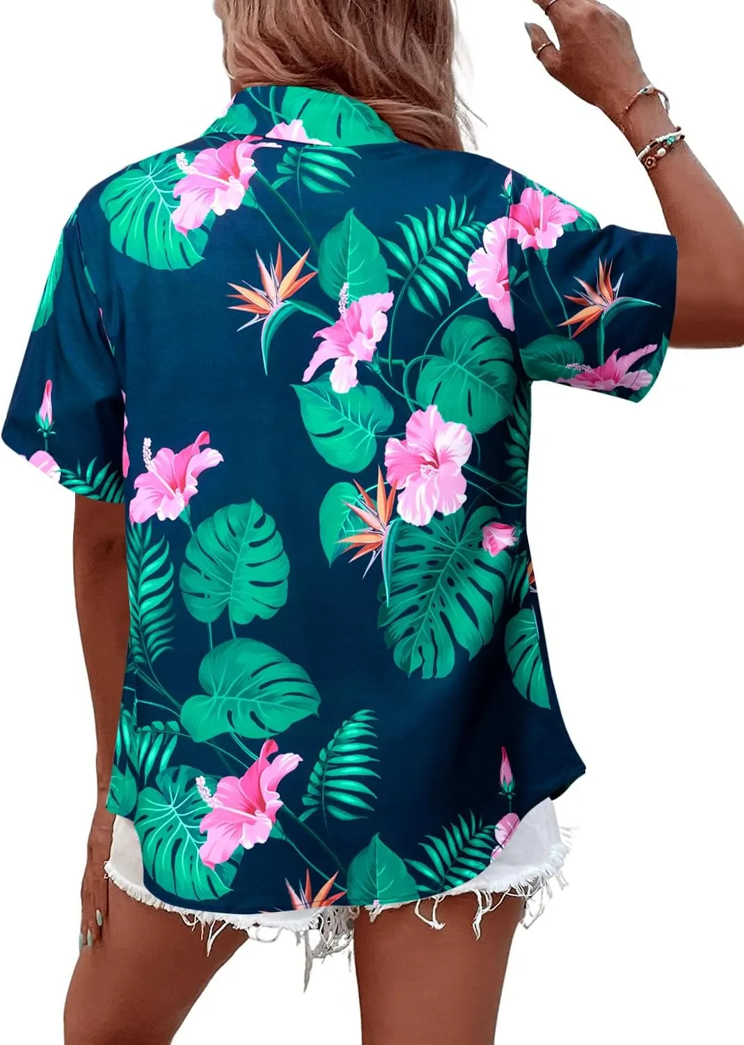 MYHALF Women Hawaiian Shirt Soft Cool Summer Hawaii Shirts Floral Tropic Print V Neck T-Shirt Short Sleeve Button Up Tops