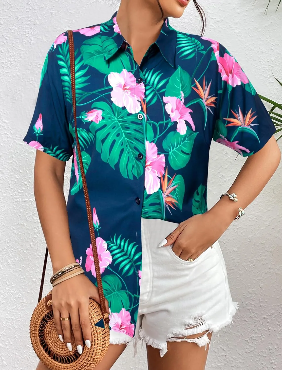 MYHALF Women Hawaiian Shirt Soft Cool Summer Hawaii Shirts Floral Tropic Print V Neck T-Shirt Short Sleeve Button Up Tops