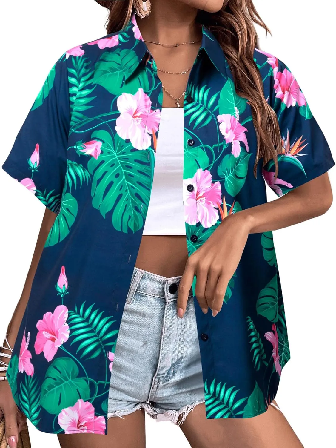MYHALF Women Hawaiian Shirt Soft Cool Summer Hawaii Shirts Floral Tropic Print V Neck T-Shirt Short Sleeve Button Up Tops