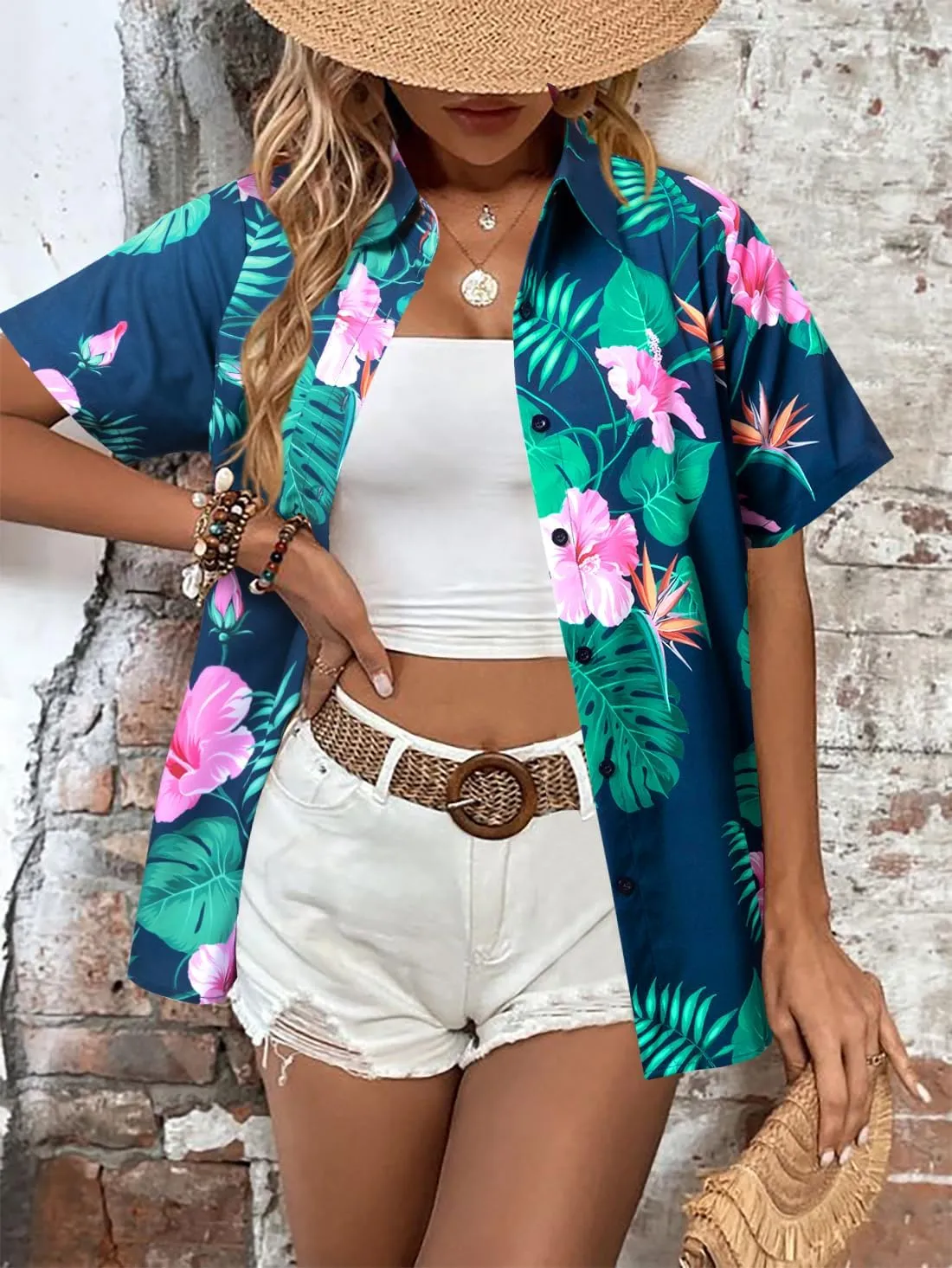 MYHALF Women Hawaiian Shirt Soft Cool Summer Hawaii Shirts Floral Tropic Print V Neck T-Shirt Short Sleeve Button Up Tops