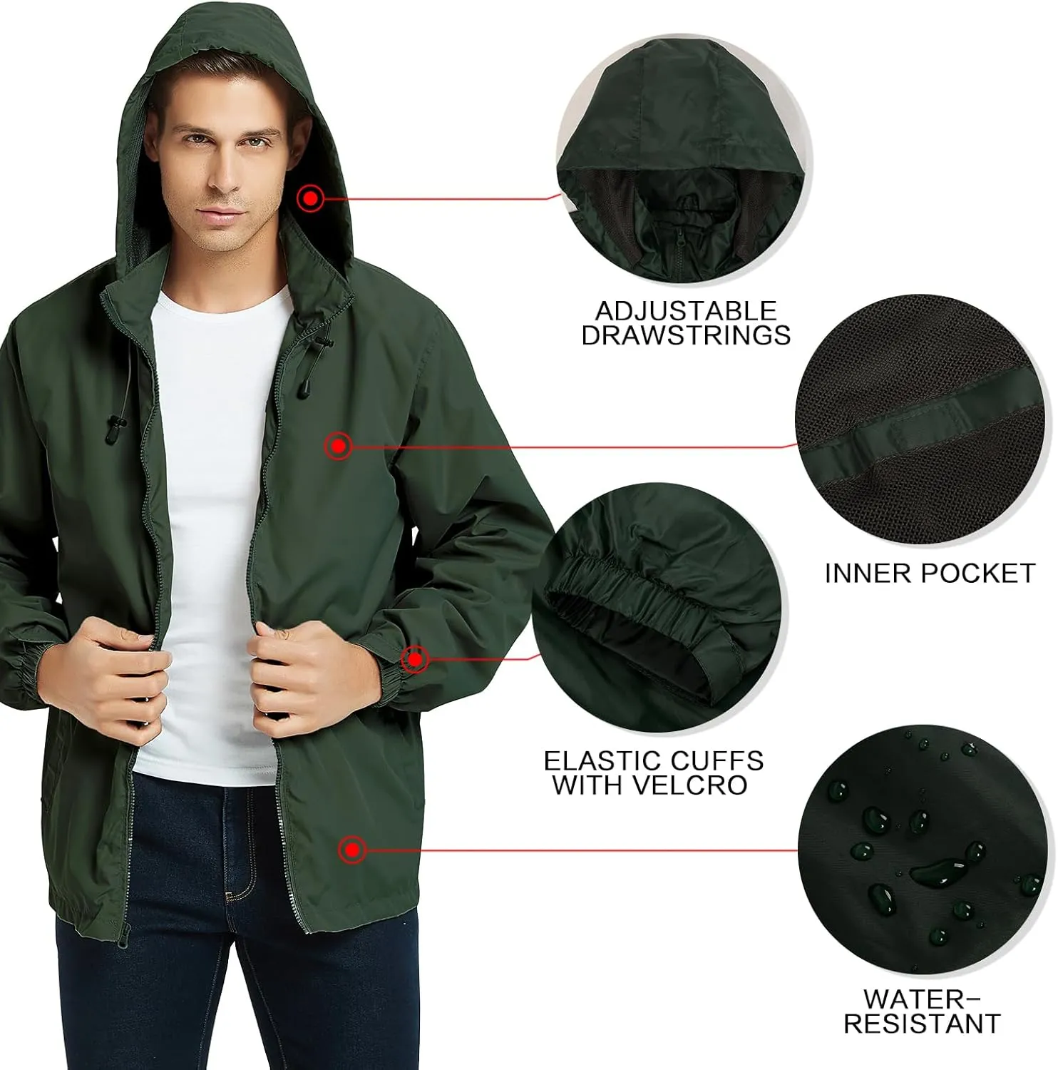 Mywu Mens Windbreaker Jackets Lightweight Rain Jacket Waterproof Raincoat with Hood Outdoor Running Hiking Cycling