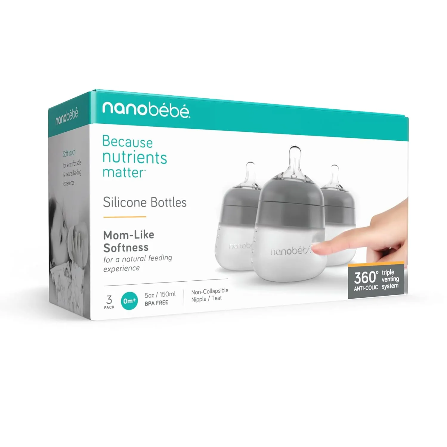 Nanobébé Flexy Silicone Baby Bottle, Anti-Colic, Natural Feel, Non-Collapsing Nipple, Non-Tip Stable Base, Easy to Clean 3-Pack, Gray, 5 oz