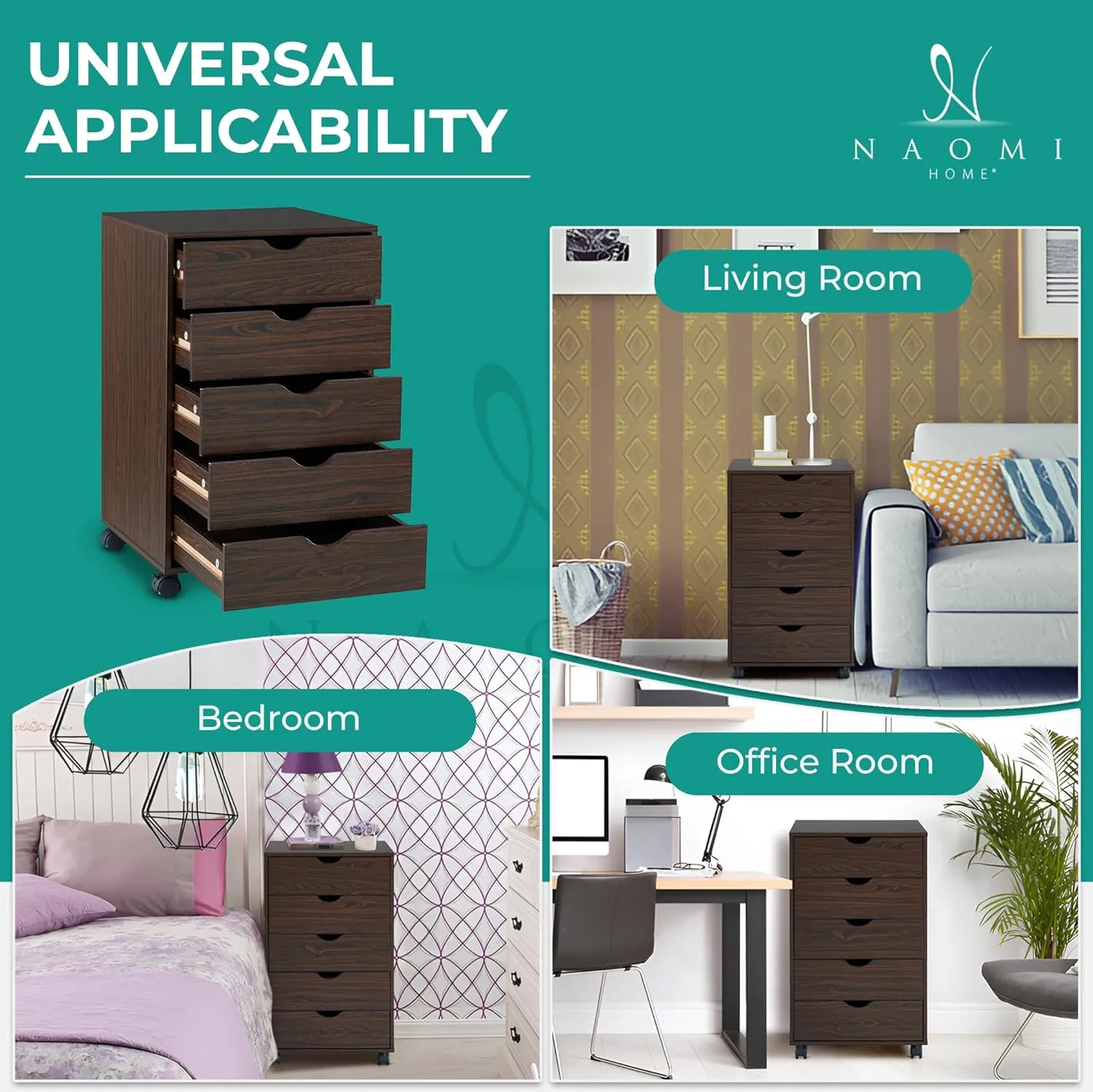 Naomi Home Taylor 5 Drawer Chest, Wood Storage Dresser Cabinet with Wheels, Craft Storage Organization, Makeup Drawer Unit for Closet, Bedroom, Office File Cabinet 180 lbs Total Capacity - Espresso