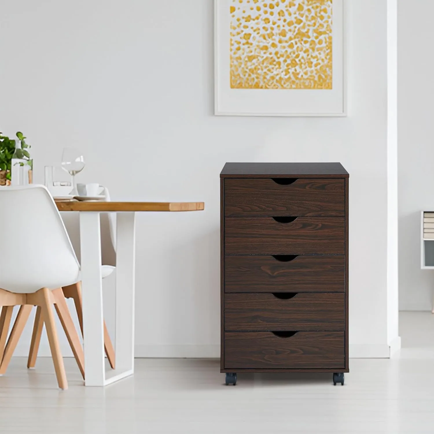 Naomi Home Taylor 5 Drawer Chest, Wood Storage Dresser Cabinet with Wheels, Craft Storage Organization, Makeup Drawer Unit for Closet, Bedroom, Office File Cabinet 180 lbs Total Capacity - Espresso